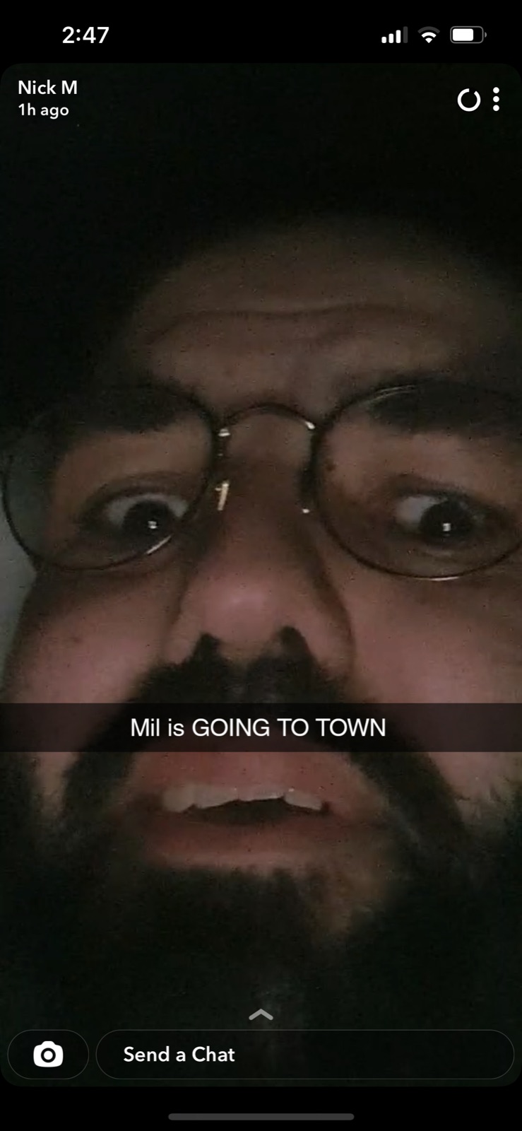 A late-night Snapchat captioned Mil is going to town